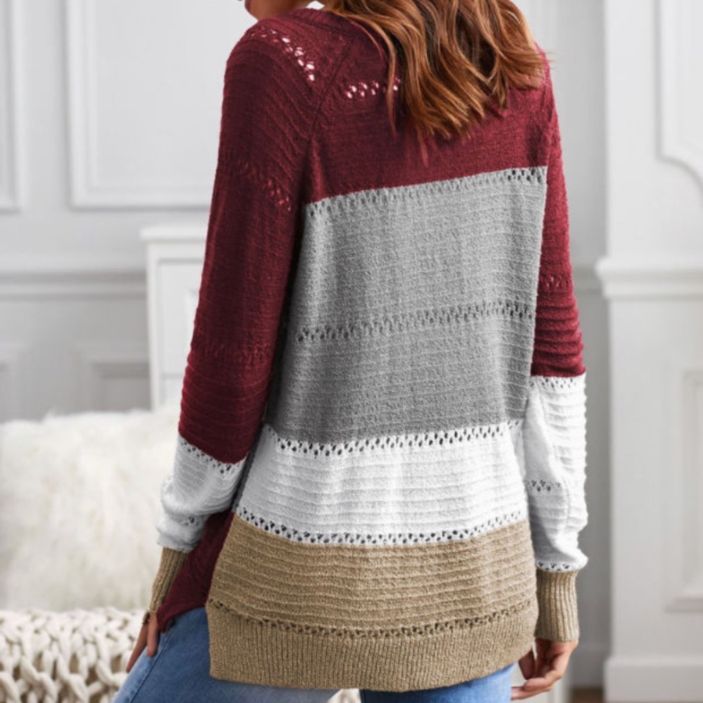 Colorblock Button-Front Cardigan Sweater - Burgundy/Beige/Gray/White - Picture 4 of 8